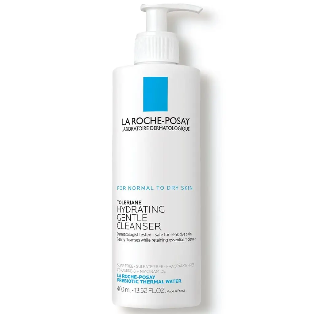 A white pump bottle of La Roche-Posay Toleriane Hydrating Gentle Cleanser for normal to dry skin, 400ml or 13.52 fl oz, against a plain background.