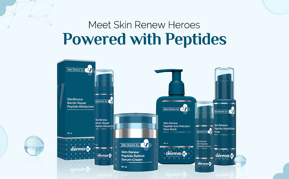 An advertisement featuring a collection of skincare products from the “Skin Renew” line by Derma E, including a Barrier Repair Moisturizer, Hydrating Face Wash, and Peptide & Collagen Serum, all presented against a clean, scientific-themed background with molecular structures and water droplets.