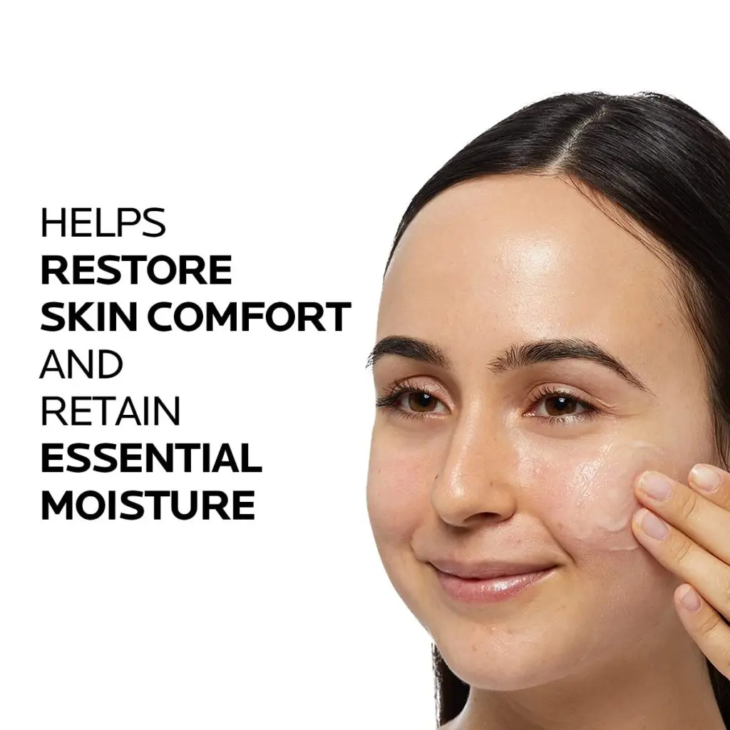 Close-up of a person’s face with the central part blurred out, with text on the right side stating “HELPS RESTORE SKIN COMFORT AND RETAIN ESSENTIAL MOISTURE.”