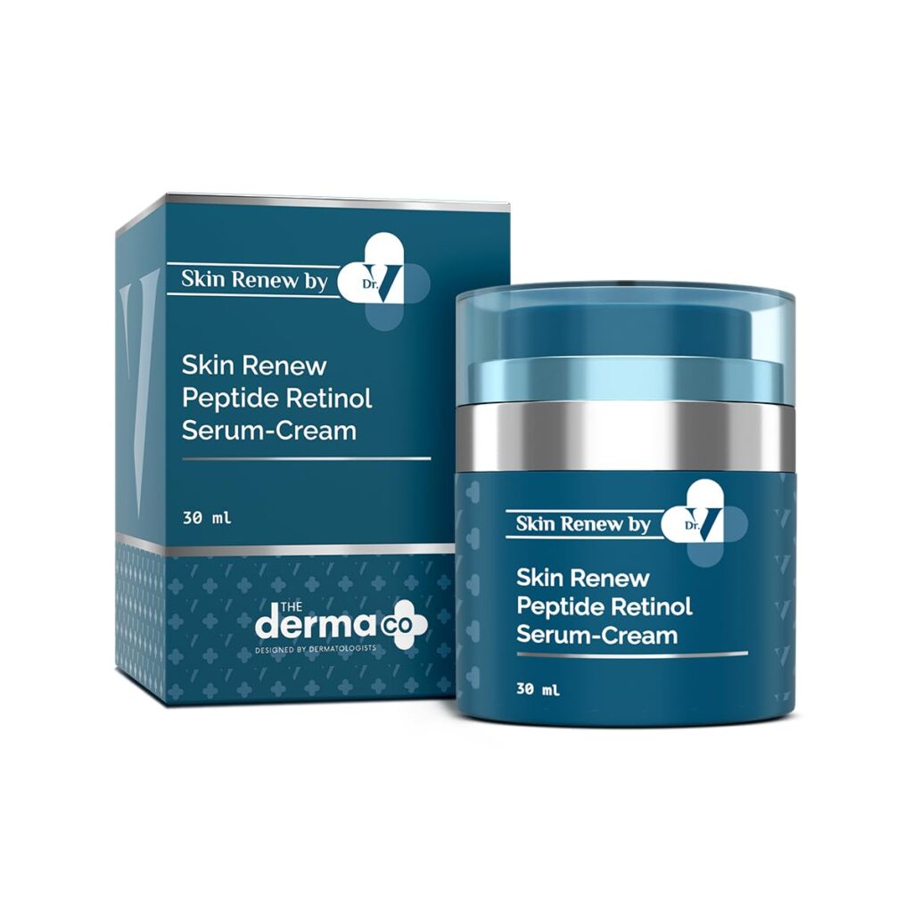 A product image featuring a blue and white box labeled “Skin Renew by derma co. Peptide Retinol Serum-Cream” next to a matching blue jar with a silver lid, both indicating a 30 mL volume.