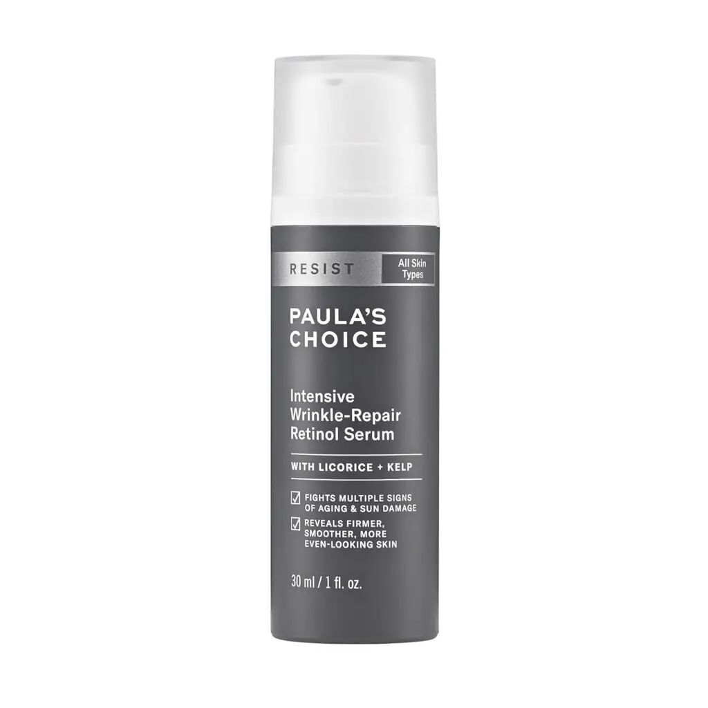 Paula’s Choice Resist Intensive Wrinkle-Repair Retinol Serum with Licorice and Kelp, 30 ml bottle for all skin types.