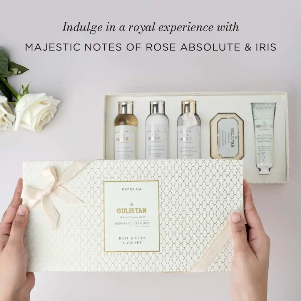 Elegant gift set box by KIMIRICA GULISTAN, featuring rose and iris scented bath and body care products.