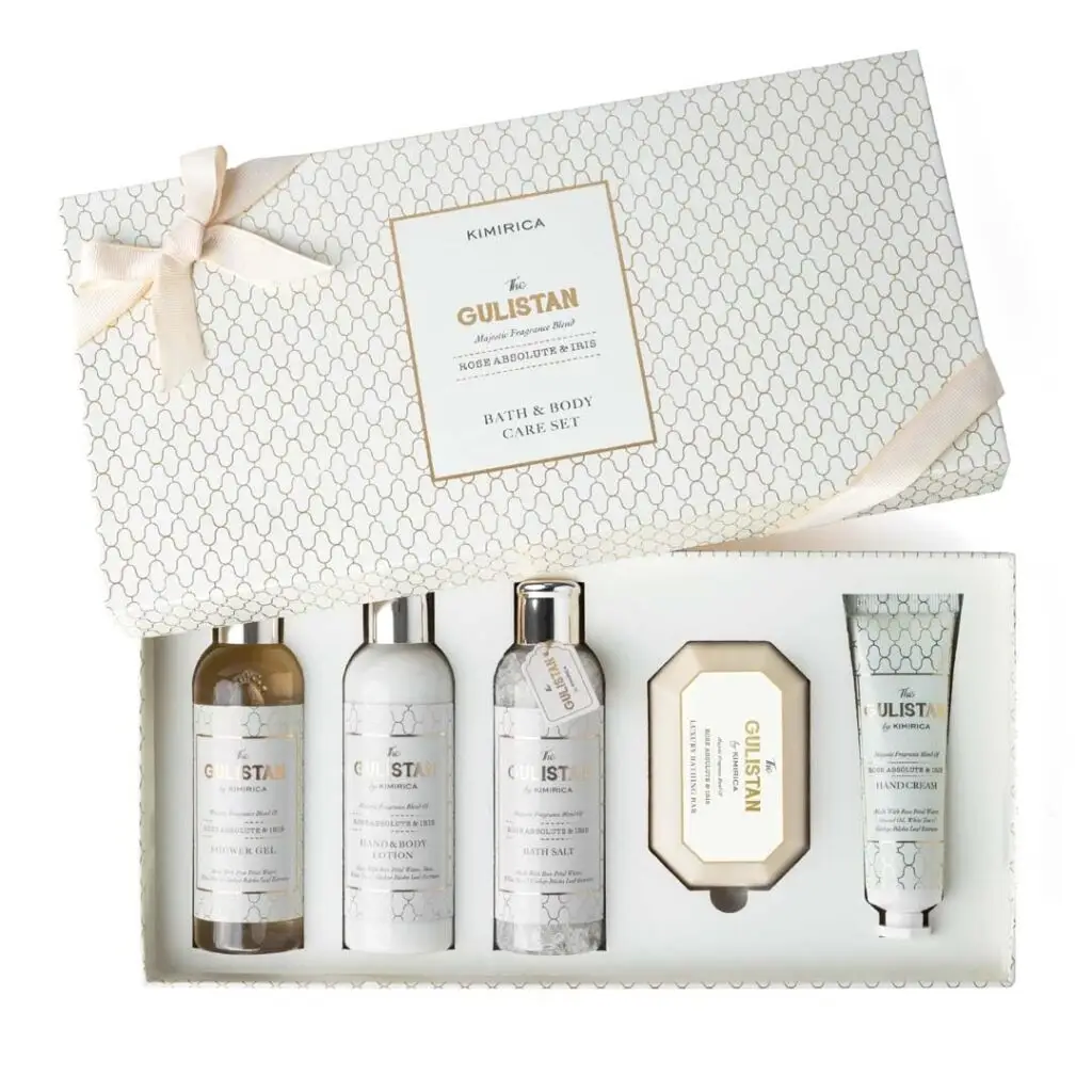 Elegant Karmirica ‘Gulistan’ Bath & Body Care Set with white and gold packaging.