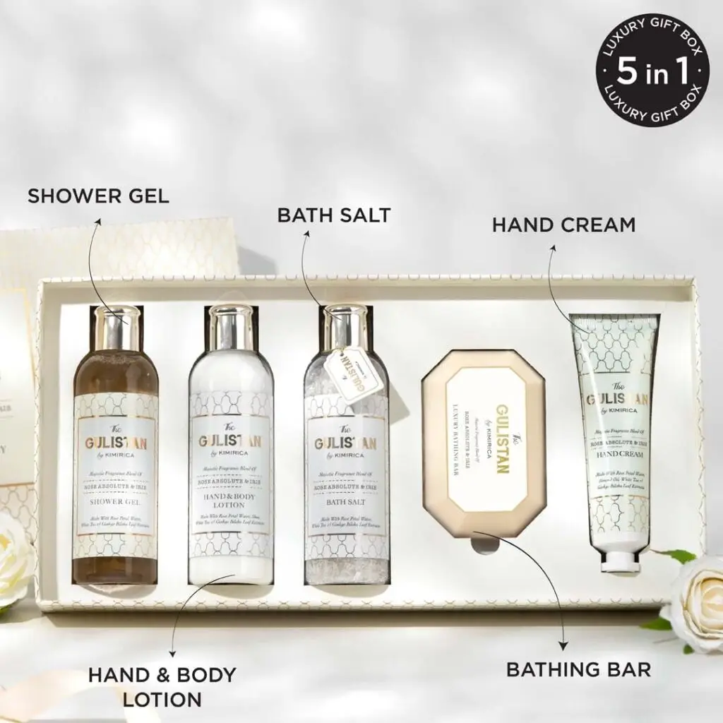 GÜLŞAH 5-in-1 Luxury Bath Set with elegant white and gold packaging.