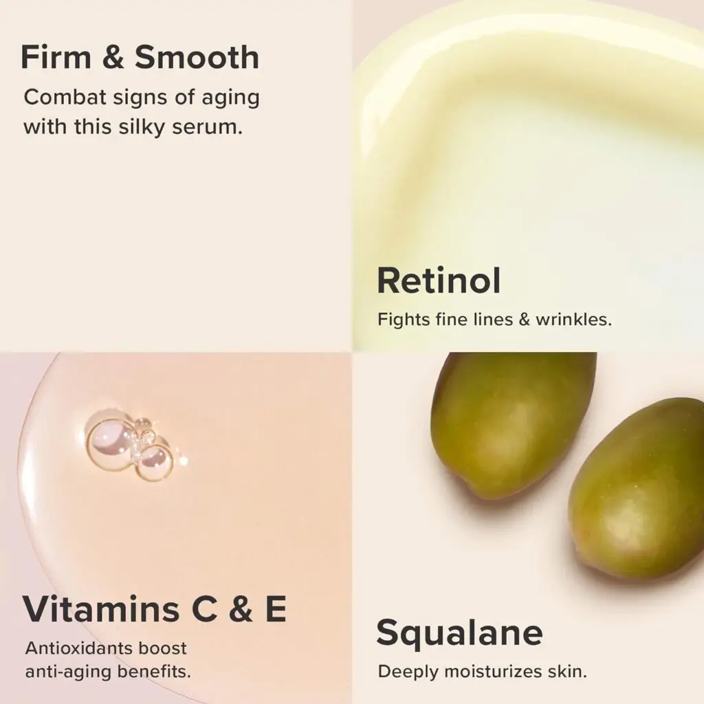 Quadrants showcasing skincare ingredients: Retinol, Vitamins C & E, Squalane, and their benefits.