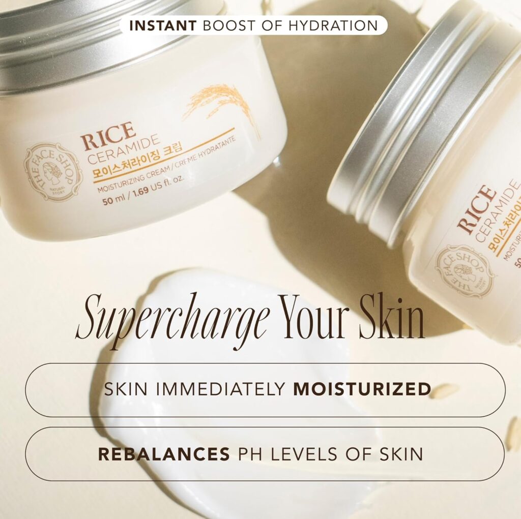 Two containers of ‘Rice Ceramide Moisture Cream’ with the text ‘Instant Boost of Hydration’ are placed against a light background. The image is overlaid with promotional text reading ‘Supercharge Your Skin,’ ‘Skin Immediately Moisturized,’ and ‘Rebalances PH Levels of Skin.’