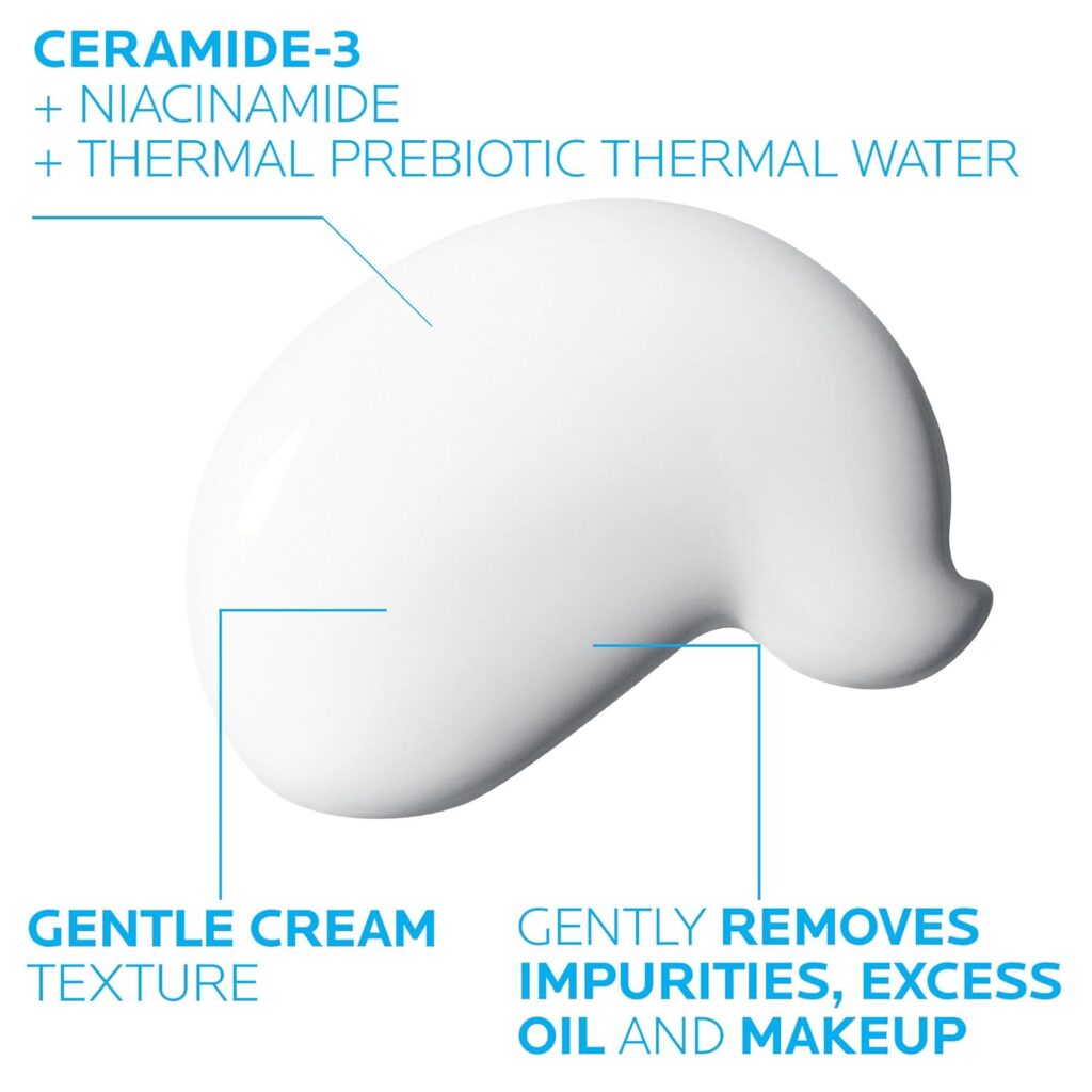 A graphic of a white cream dollop against a blue background with text describing skincare product ingredients and benefits.