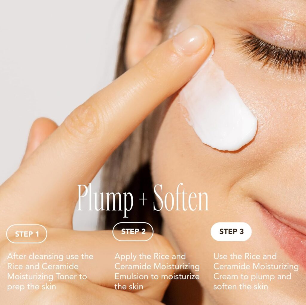 Close-up of a person applying a white, creamy skincare product under the eye area with text overlay detailing a three-step skincare routine.