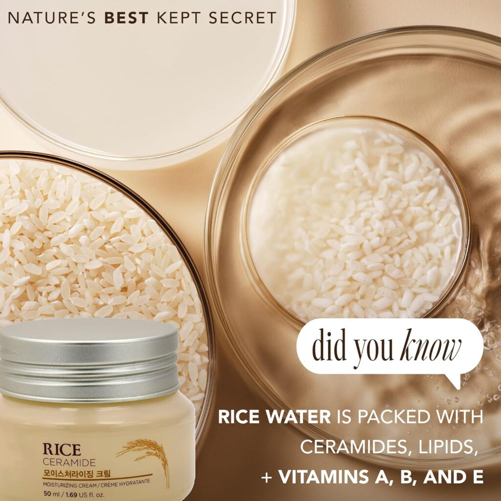 A promotional image featuring a skincare product labeled “Rice Ceramide Moisture Cream” next to a bowl of rice and a container of rice water. Text on the image highlights that rice water contains ceramides, lipids, and vitamins A, B, and E.