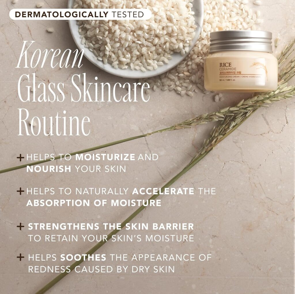 An advertisement for a Korean Glass Skincare Routine featuring a jar of cream labeled “RICE” surrounded by grains of rice and a green leafy plant. The ad highlights benefits such as moisturizing and nourishing the skin, accelerating absorption, strengthening the skin barrier, soothing the skin’s appearance, and reducing redness caused by dry skin.