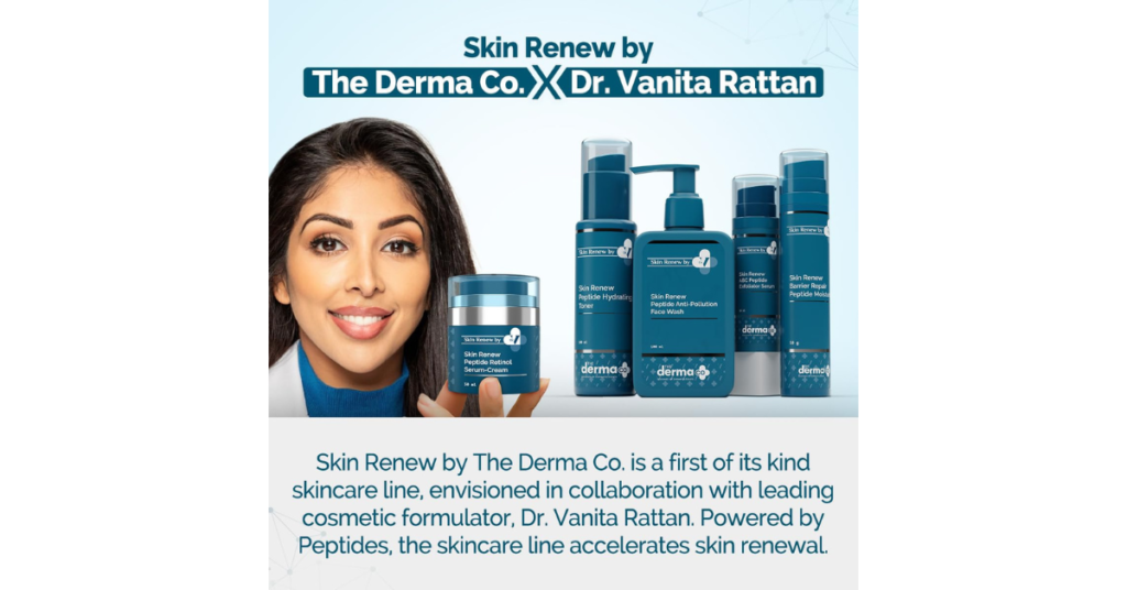 An advertisement for a skincare line called Skin Renew by The Derma Co./X Dr. Vanita Rattan, featuring a person holding a cream jar with their face obscured by a brown rectangle, and four other skincare products arranged to the right.