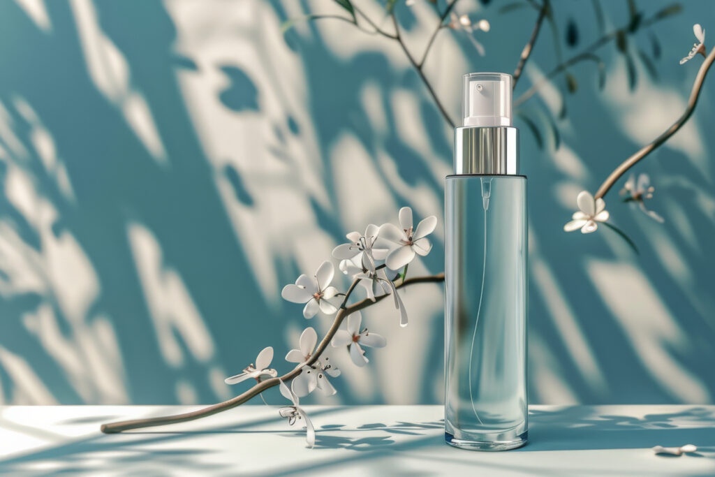 A transparent spray bottle with a metallic cap, placed on a surface with shadows of leaves and accompanied by a delicate white flowering branch.