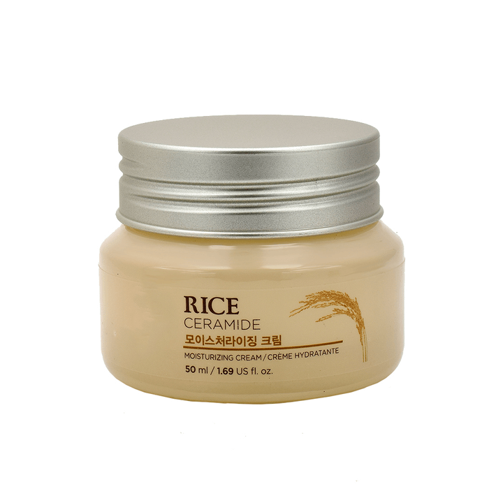 A jar of Rice Ceramide moisturizing cream against a white background.